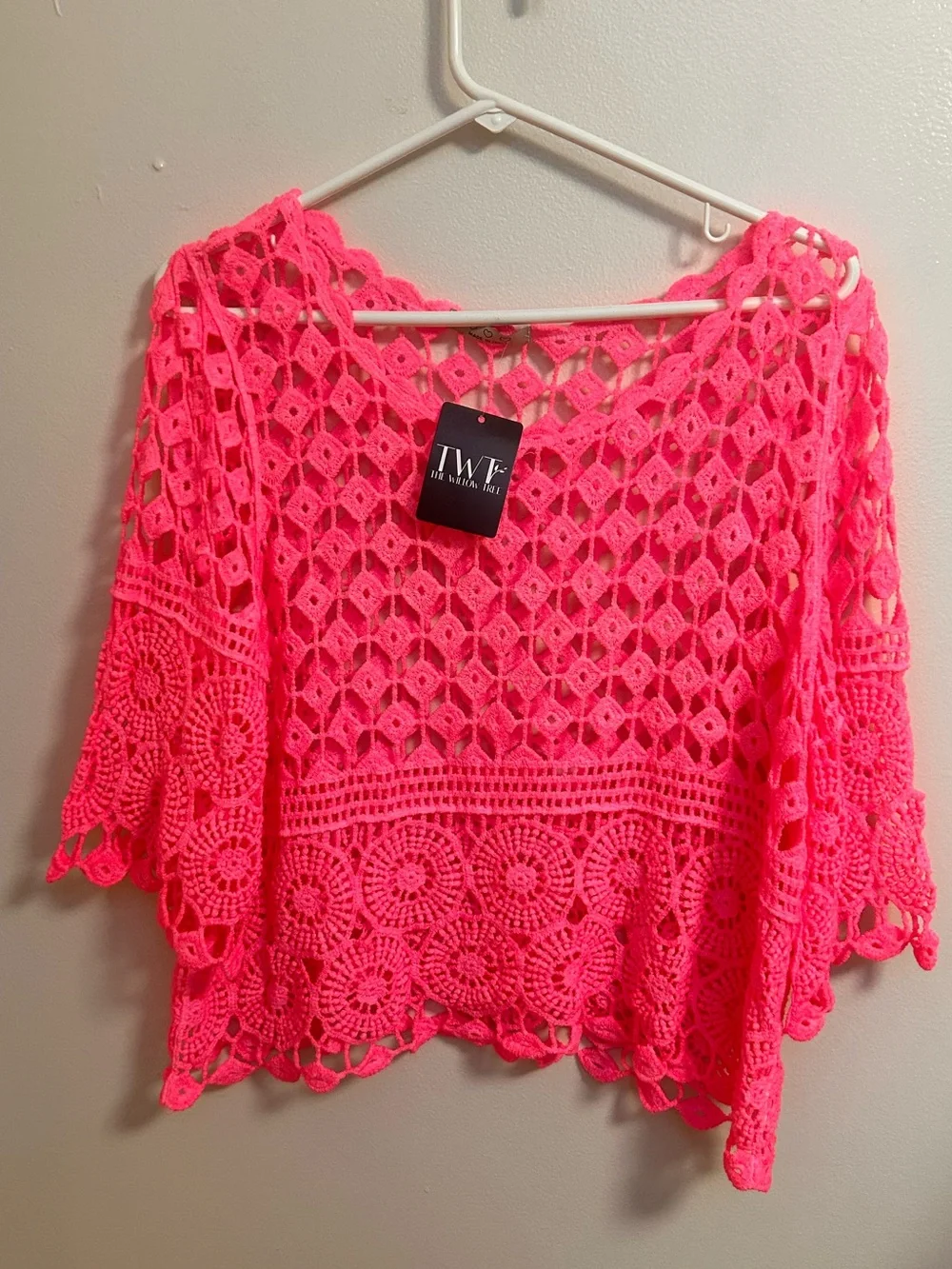 NWT Hot Pink Crochet Open Knit Top Cover Up Beach Summer Festive Boho Hippie OS - Picture 3 of 7